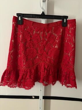 SAYLOR Red Floral Lace Mini Skirt with Ruffle Hem